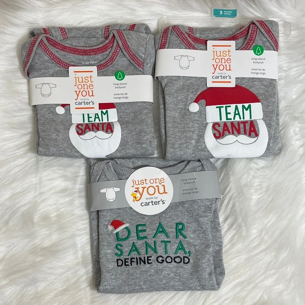 NWT Carter's Santa Holiday Christmas Gray Baby Onesies Bundle